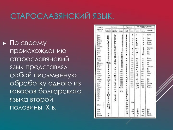 СТАРОСЛАВЯНСКИЙ ЯЗЫК. По своему происхождению старославянский язык представлял собой письменную обработку