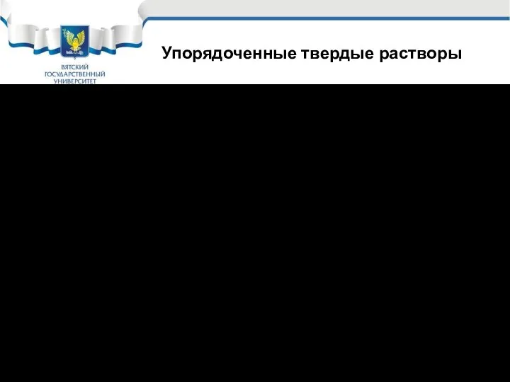 Упорядоченные твердые растворы В упорядоченных твердых растворах атомы растворяющегося компонента замещают