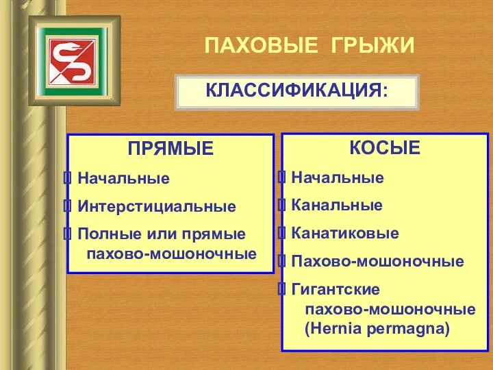 ПАХОВЫЕ ГРЫЖИ КЛАССИФИКАЦИЯ: ПРЯМЫЕ Начальные Интерстициальные Полные или прямые пахово-мошоночные КОСЫЕ