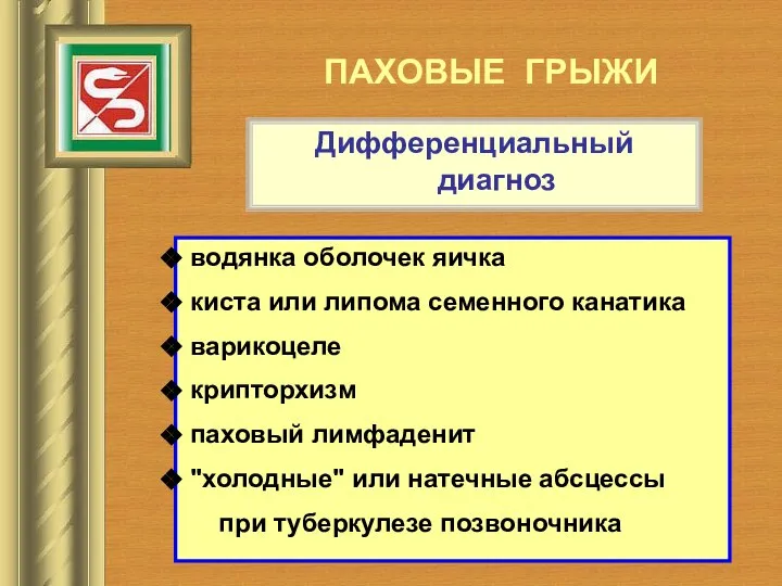 ПАХОВЫЕ ГРЫЖИ Дифференциальный диагноз водянка оболочек яичка киста или липома семенного