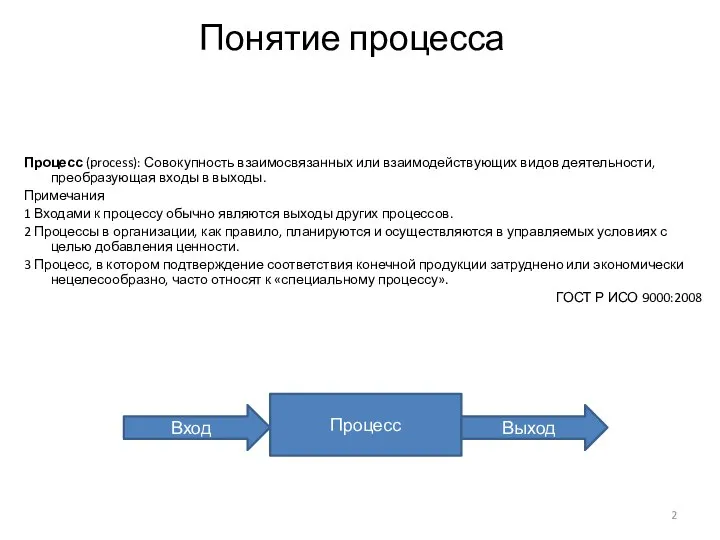 Понятие процесса Процесс (process): Совокупность взаимосвязанных или взаимодействующих видов деятельности, преобразующая