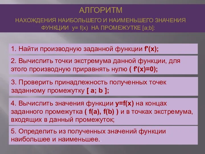 АЛГОРИТМ НАХОЖДЕНИЯ НАИБОЛЬШЕГО И НАИМЕНЬШЕГО ЗНАЧЕНИЯ ФУНКЦИИ y= f(x) НА ПРОМЕЖУТКЕ