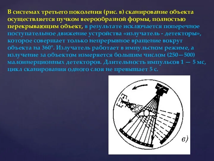 В системах третьего поколения (рис. в) сканирование объекта осуществляется пучком веерообразной