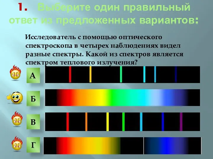 Исследователь с помощью оптического спектроскопа в четырех наблюдениях видел разные спектры.