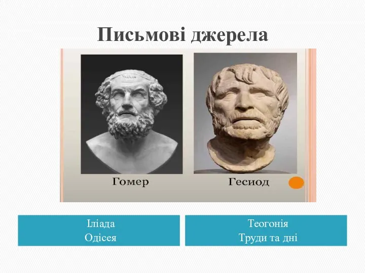 Письмові джерела Іліада Одісея Теогонія Труди та дні