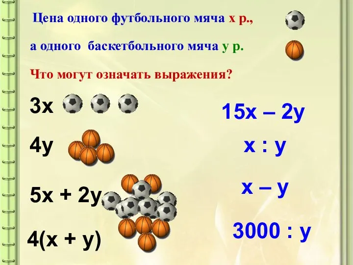 Цена одного футбольного мяча х р., а одного баскетбольного мяча у