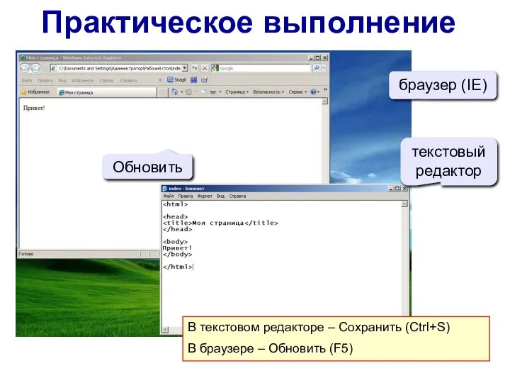 Практическое выполнение текстовый редактор браузер (IE) Обновить В текстовом редакторе –