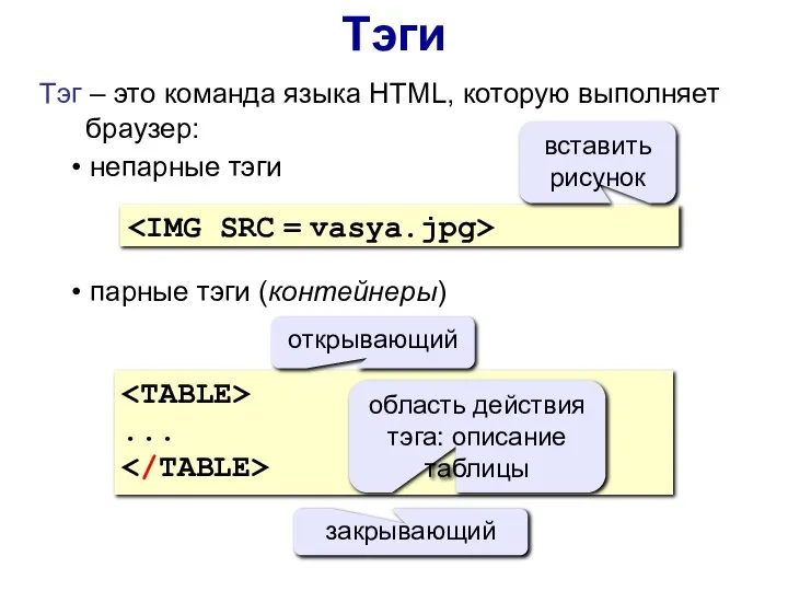 Тэги Тэг – это команда языка HTML, которую выполняет браузер: непарные