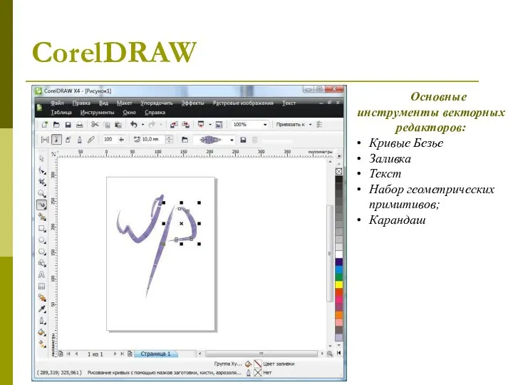 CorelDRAW Основные инструменты векторных редакторов: Кривые Безье Заливка Текст Набор геометрических примитивов; Карандаш
