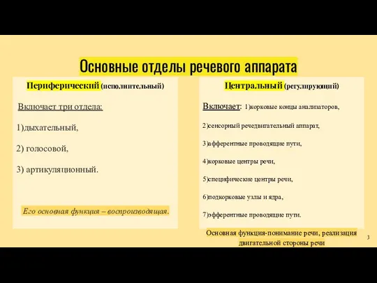 Основные отделы речевого аппарата Периферический (исполнительный) Включает три отдела: 1)дыхательный, 2)