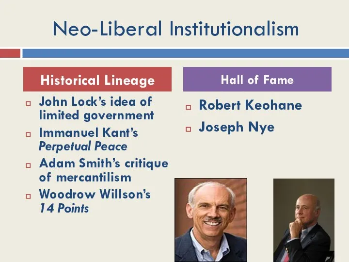 Neo-Liberal Institutionalism John Lock’s idea of limited government Immanuel Kant’s Perpetual