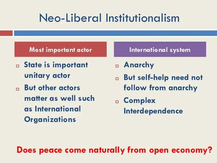 Neo-Liberal Institutionalism State is important unitary actor But other actors matter