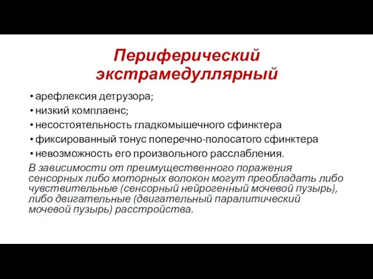 Периферический экстрамедуллярный арефлексия детрузора; низкий комплаенс; несостоятельность гладкомышечного сфинктера фиксированный тонус