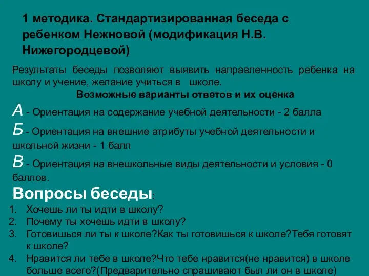 1 методика. Стандартизированная беседа с ребенком Нежновой (модификация Н.В. Нижегородцевой) Результаты