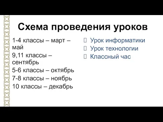 Схема проведения уроков 1-4 классы – март – май 9,11 классы