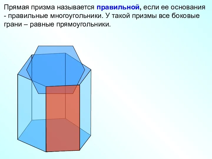 Прямая призма называется правильной, если ее основания - правильные многоугольники. У