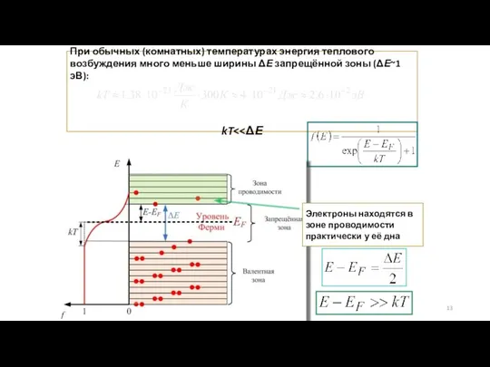 При обычных (комнатных) температурах энергия теплового возбуждения много меньше ширины ΔЕ