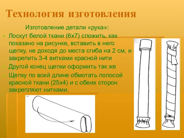 Технология изготовления Изготовление детали «рука»: Лоскут белой ткани (6х7) сложить, как