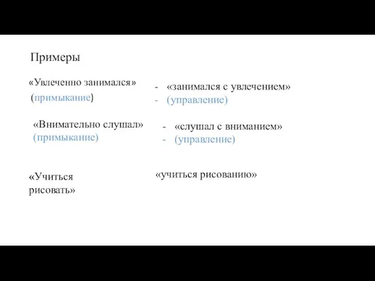 Примеры «Увлеченно занимался» (примыкание) «занимался с увлечением» (управление) «Внимательно слушал» (примыкание)