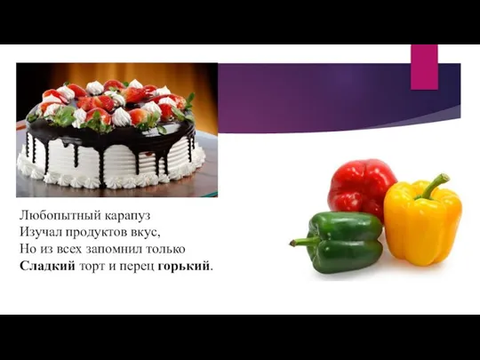 Любопытный карапуз Изучал продуктов вкус, Но из всех запомнил только Сладкий торт и перец горький.