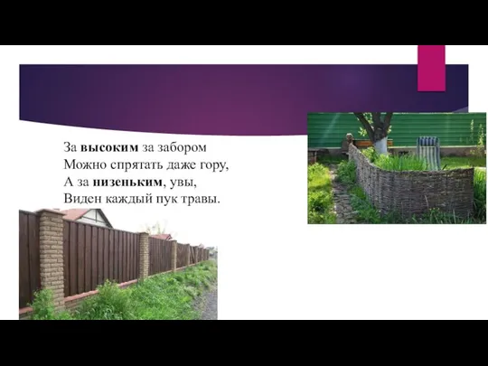 За высоким за забором Можно спрятать даже гору, А за низеньким, увы, Виден каждый пук травы.