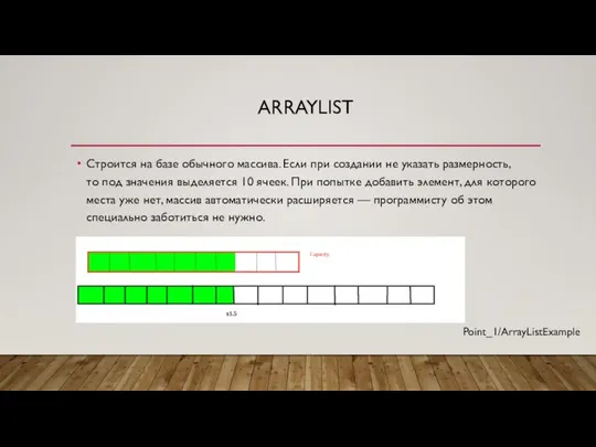 ARRAYLIST Строится на базе обычного массива. Если при создании не указать