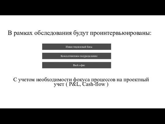 В рамках обследования будут проинтервьюированы: Back офис Консалтинговое подразделение Инвестиционный блок