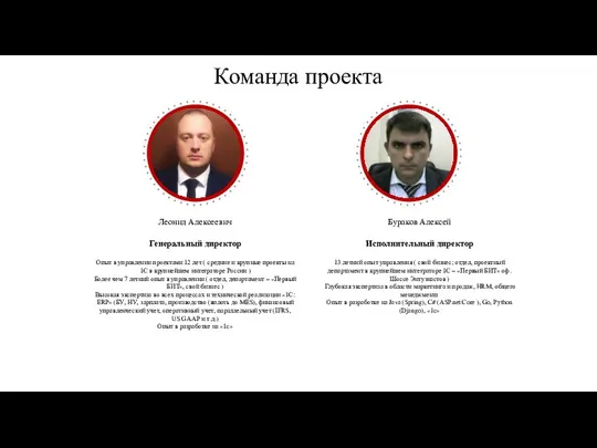 Команда проекта Леонид Алексеевич Генеральный директор Опыт в управлении проектами 12