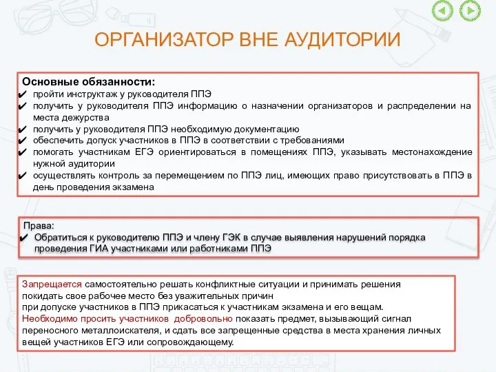 Основные обязанности: пройти инструктаж у руководителя ППЭ получить у руководителя ППЭ