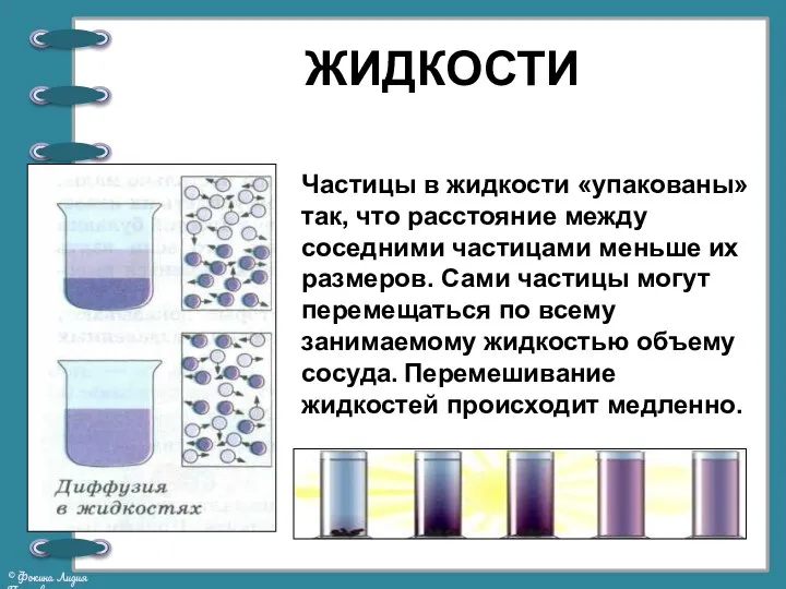 ЖИДКОСТИ Частицы в жидкости «упакованы» так, что расстояние между соседними частицами