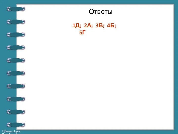 Ответы 1Д; 2А; 3В; 4Б; 5Г