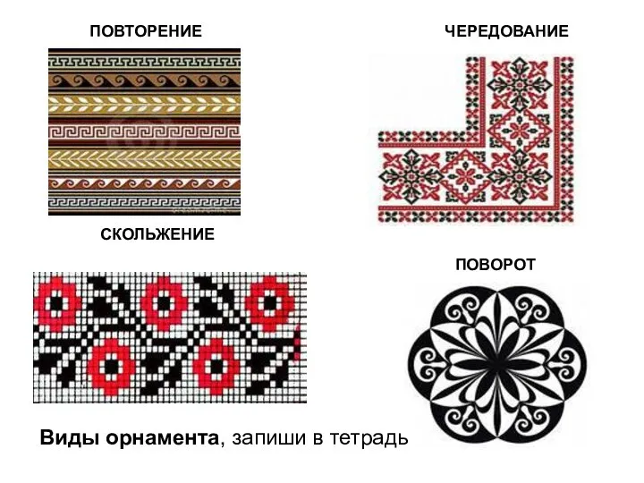 ПОВТОРЕНИЕ СКОЛЬЖЕНИЕ ЧЕРЕДОВАНИЕ ПОВОРОТ Виды орнамента, запиши в тетрадь