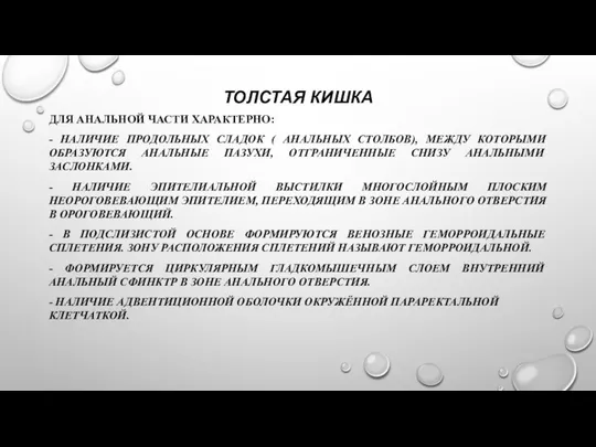 ТОЛСТАЯ КИШКА ДЛЯ АНАЛЬНОЙ ЧАСТИ ХАРАКТЕРНО: - НАЛИЧИЕ ПРОДОЛЬНЫХ СЛАДОК (