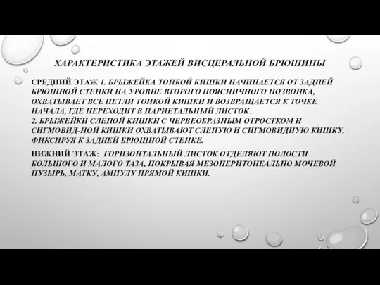 ХАРАКТЕРИСТИКА ЭТАЖЕЙ ВИСЦЕРАЛЬНОЙ БРЮШИНЫ СРЕДНИЙ ЭТАЖ 1. БРЫЖЕЙКА ТОНКОЙ КИШКИ НАЧИНАЕТСЯ