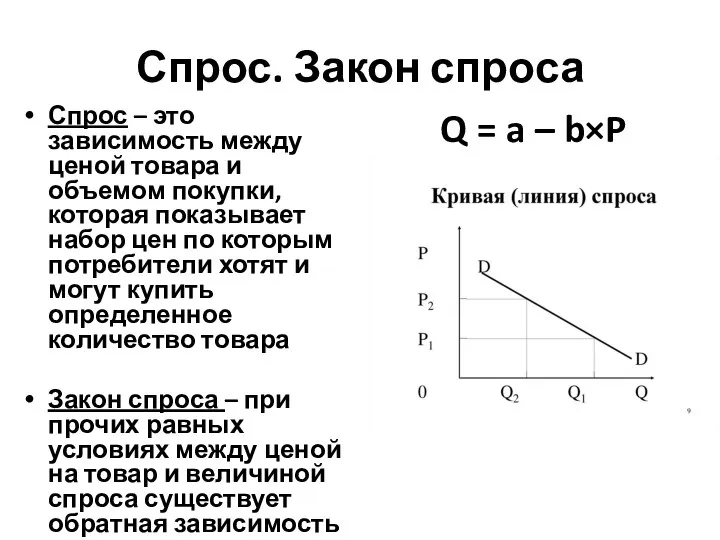 Спрос. Закон спроса Спрос – это зависимость между ценой товара и