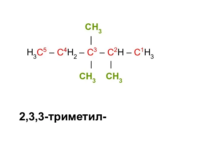 CH3 | H3C5 – C4H2 – C3 – C2H – C1H3 | | CH3 CH3 2,3,3-триметил-