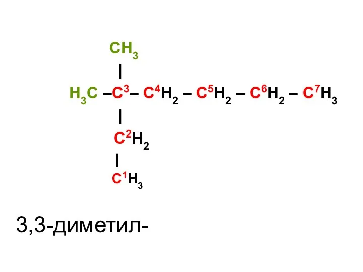 CH3 | H3C –C3– C4H2 – C5H2 – C6H2 – C7H3 | C2H2 | C1H3 3,3-диметил-