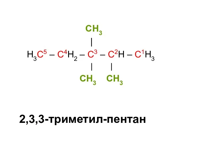 CH3 | H3C5 – C4H2 – C3 – C2H – C1H3 | | CH3 CH3 2,3,3-триметил-пентан