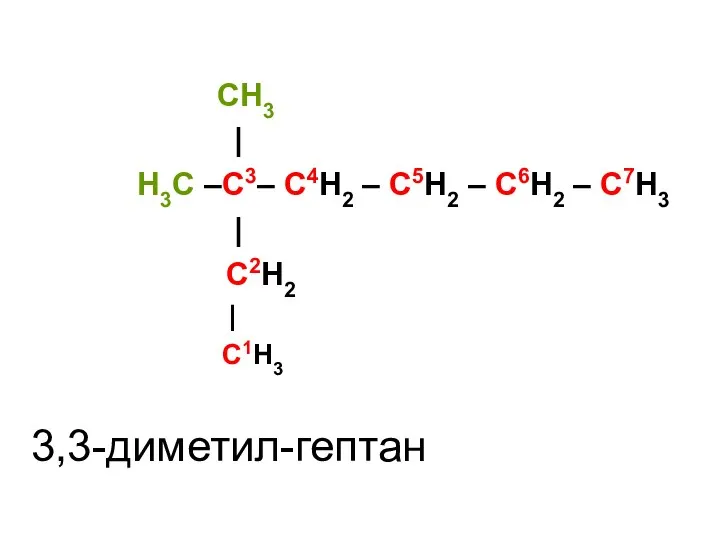 CH3 | H3C –C3– C4H2 – C5H2 – C6H2 – C7H3 | C2H2 | C1H3 3,3-диметил-гептан