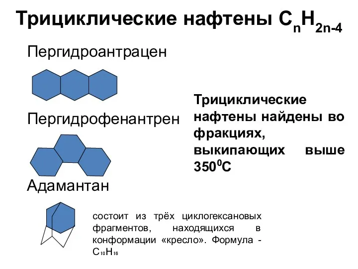 Трициклические нафтены CnH2n-4 Пергидроантрацен Пергидрофенантрен Адамантан Трициклические нафтены найдены во фракциях,