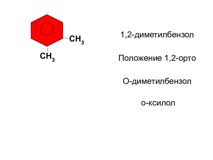 СН3 1,2-диметилбензол Положение 1,2-орто О-диметилбензол о-ксилол СН3
