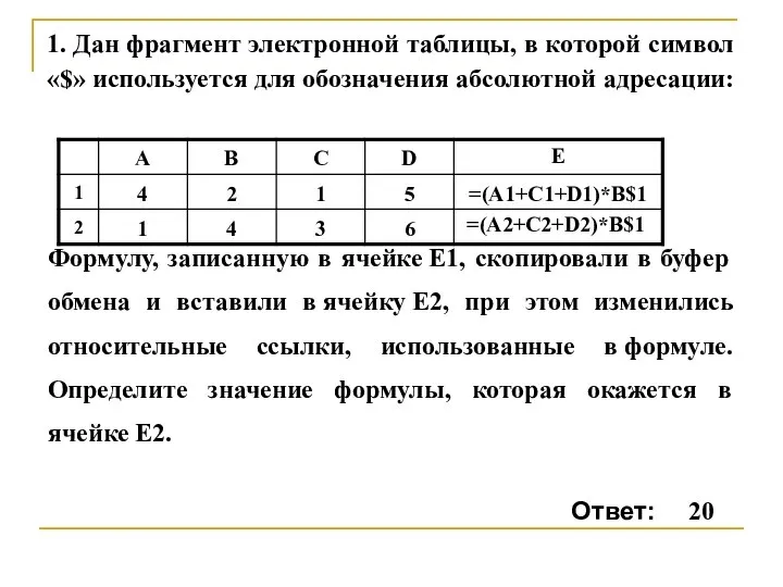 1. Дан фрагмент электронной таблицы, в которой символ «$» используется для