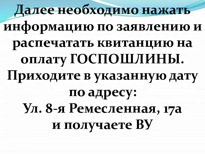 Далее необходимо нажать информацию по заявлению и распечатать квитанцию на оплату