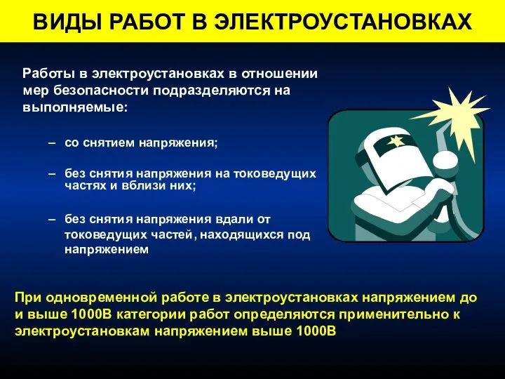 ВИДЫ РАБОТ В ЭЛЕКТРОУСТАНОВКАХ Работы в электроустановках в отношении мер безопасности