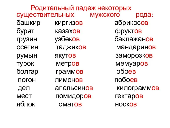 Родительный падеж некоторых существительных мужского рода: башкир киргизов абрикосов бурят казахов