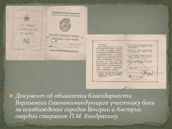 Документ об объявлении благодарности Верховного Главнокомандующего участнику боев за освобождение городов