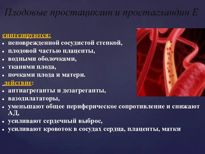 синтезируются: неповрежденной сосудистой стенкой, плодовой частью плаценты, водными оболочками, тканями плода,