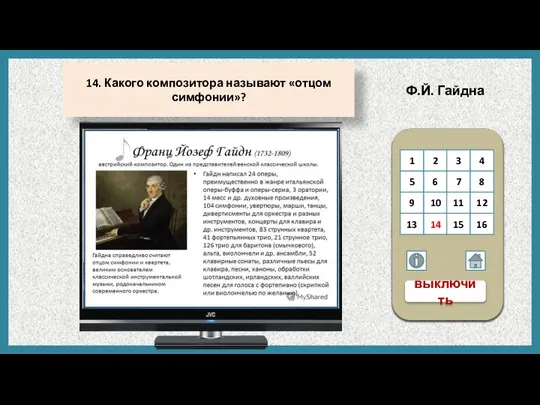 Ф.Й. Гайдна 14. Какого композитора называют «отцом симфонии»? 1 2 3