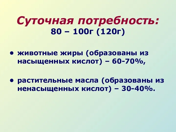 Суточная потребность: 80 – 100г (120г) животные жиры (образованы из насыщенных