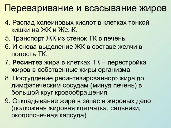 Переваривание и всасывание жиров 4. Распад холеиновых кислот в клетках тонкой